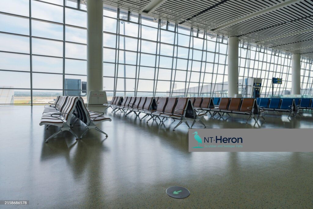 Heavy-duty squeegee blades ensure fast drying on busy airport floors.