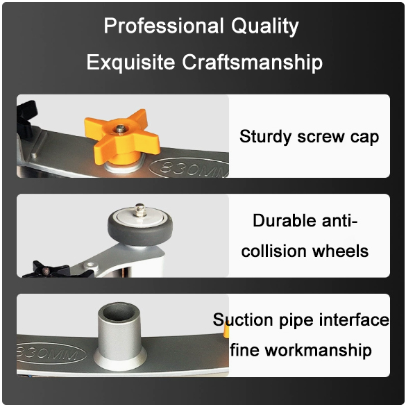 Close up view of floor scrubber squeegee parts including sturdy star knob anti collision wheel and suction port.