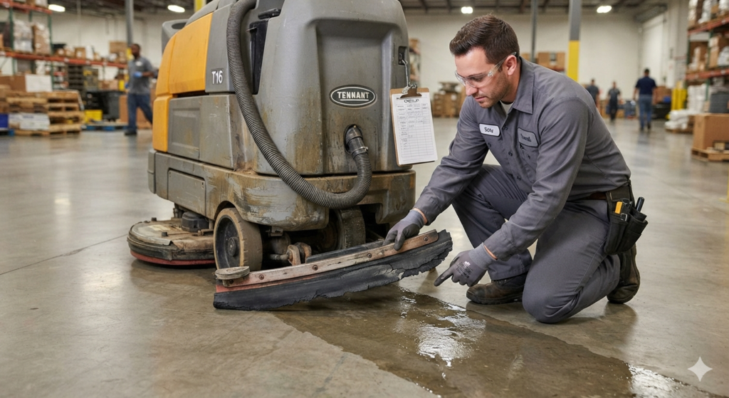 Commercial floor scrubber squeegee blade replacement close-up view.