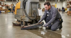 Commercial floor scrubber squeegee blade replacement close-up view.