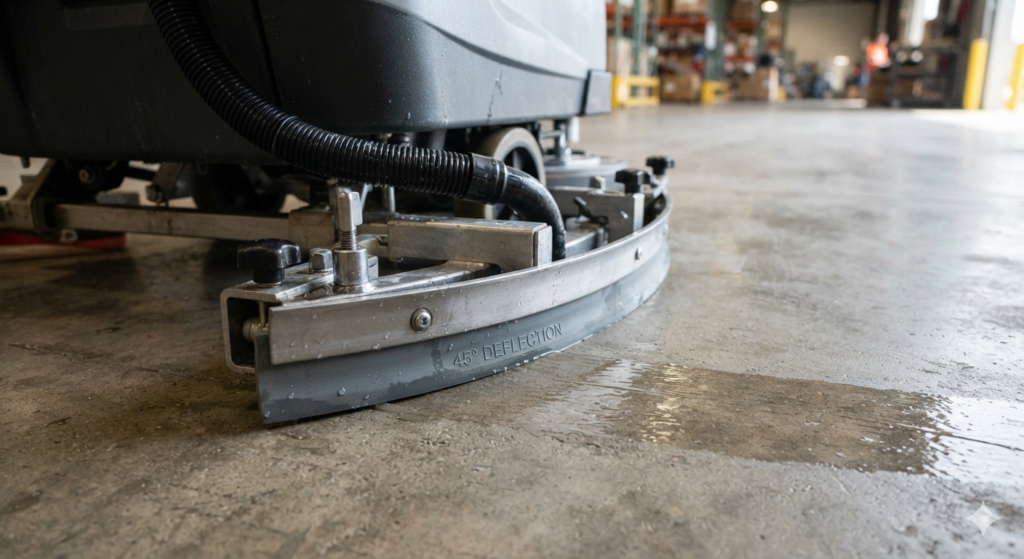 Correct 45 degree deflection of rear floor scrubber squeegee assembly on flat concrete floor