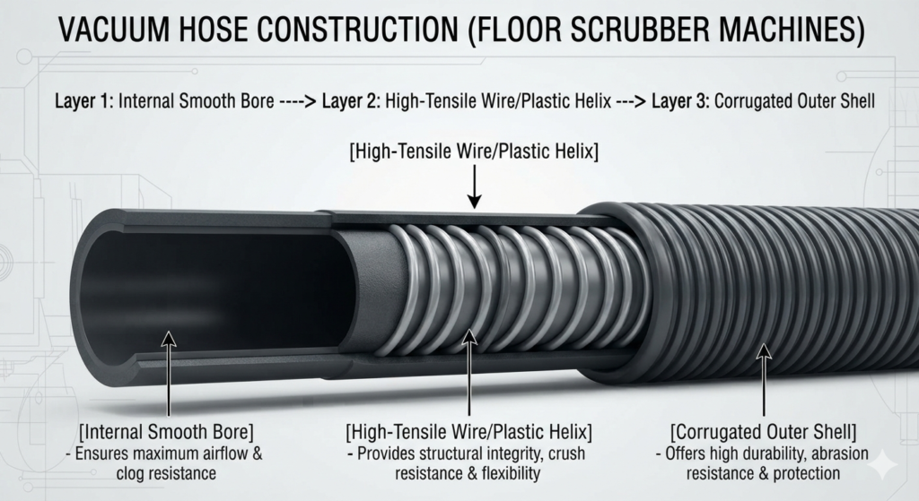 High-durability corrugated vacuum and drain hose assembly with cuffs for industrial floor scrubbers