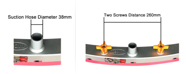 Technical dimensions showing 38mm suction hose diameter and 260mm screw distance on a floor scrubber squeegee.